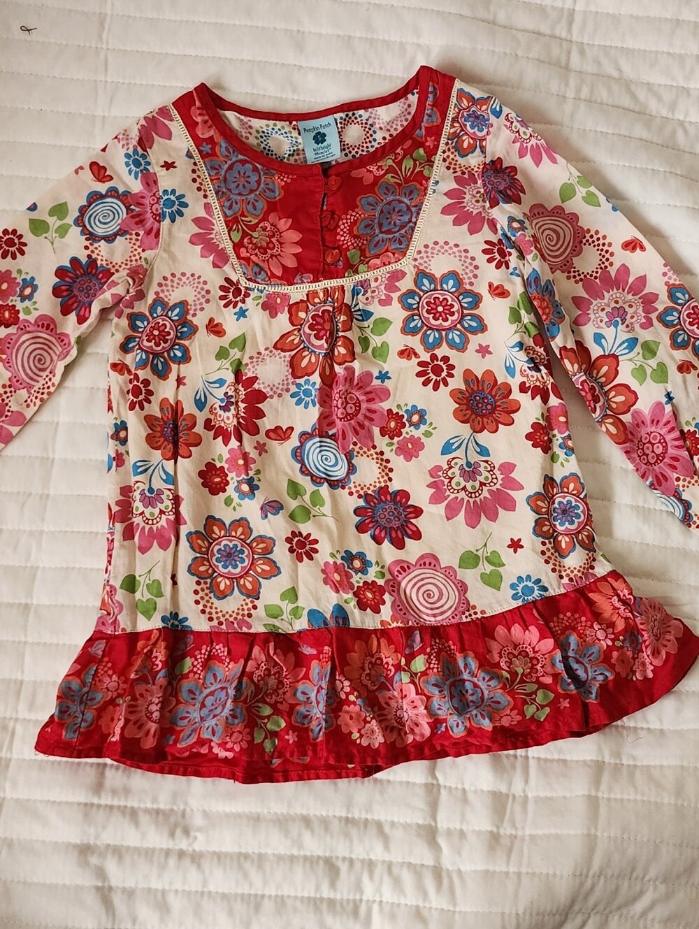 Euro Y2k pumpkin patch Kids Red Floral Button Front Top with Blue Accents